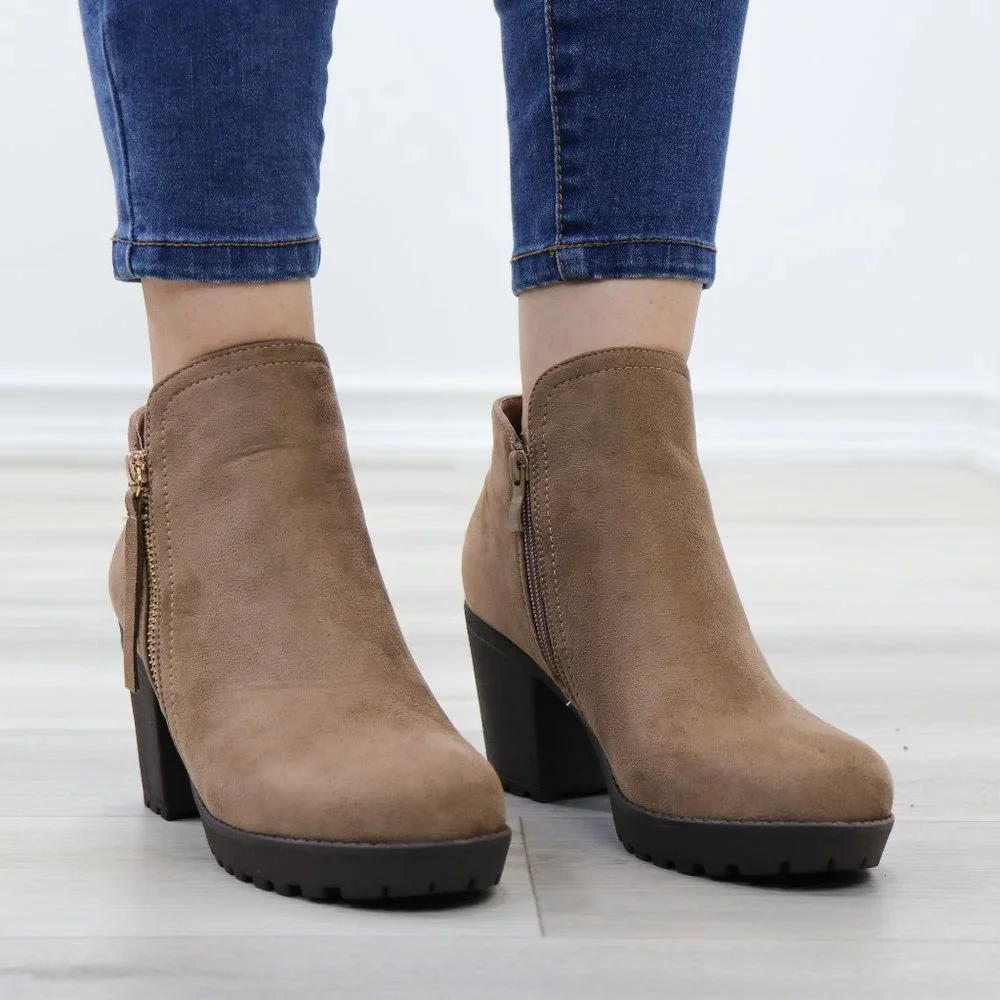 Taupe Suede Lug Chunky Heel Ankle Boots - Picture 3 of 12